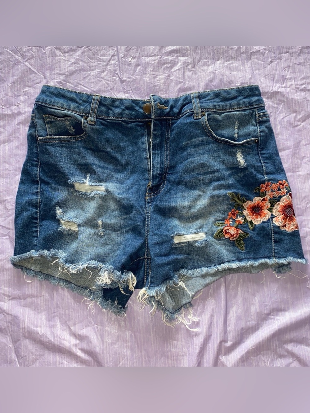 Wax Jean Blue Distressed Denim Shorts with Embroidered Floral Accent